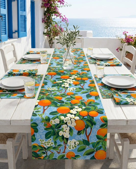 Citrus Blue Bliss table runner styled straight-on with matching placemats and napkins