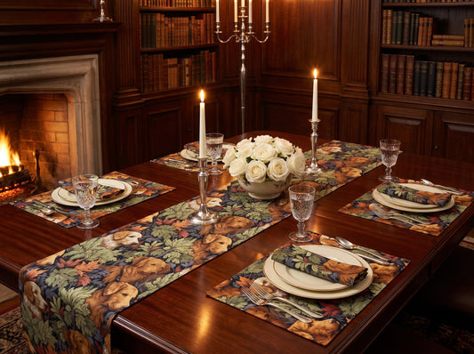 Classic English Dog Tapestry table runner styled straight-on with matching placemats and napkins