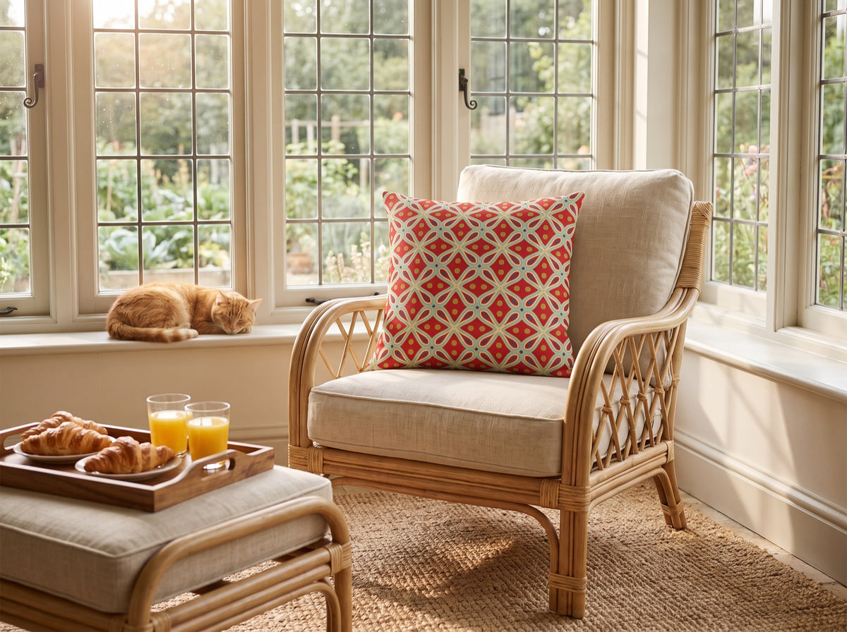 Clover Cascade Arabesque square throw pillow in its unique interior setting