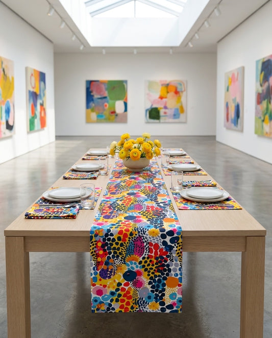ColorSplash Pop table runner styled straight-on with matching placemats and napkins