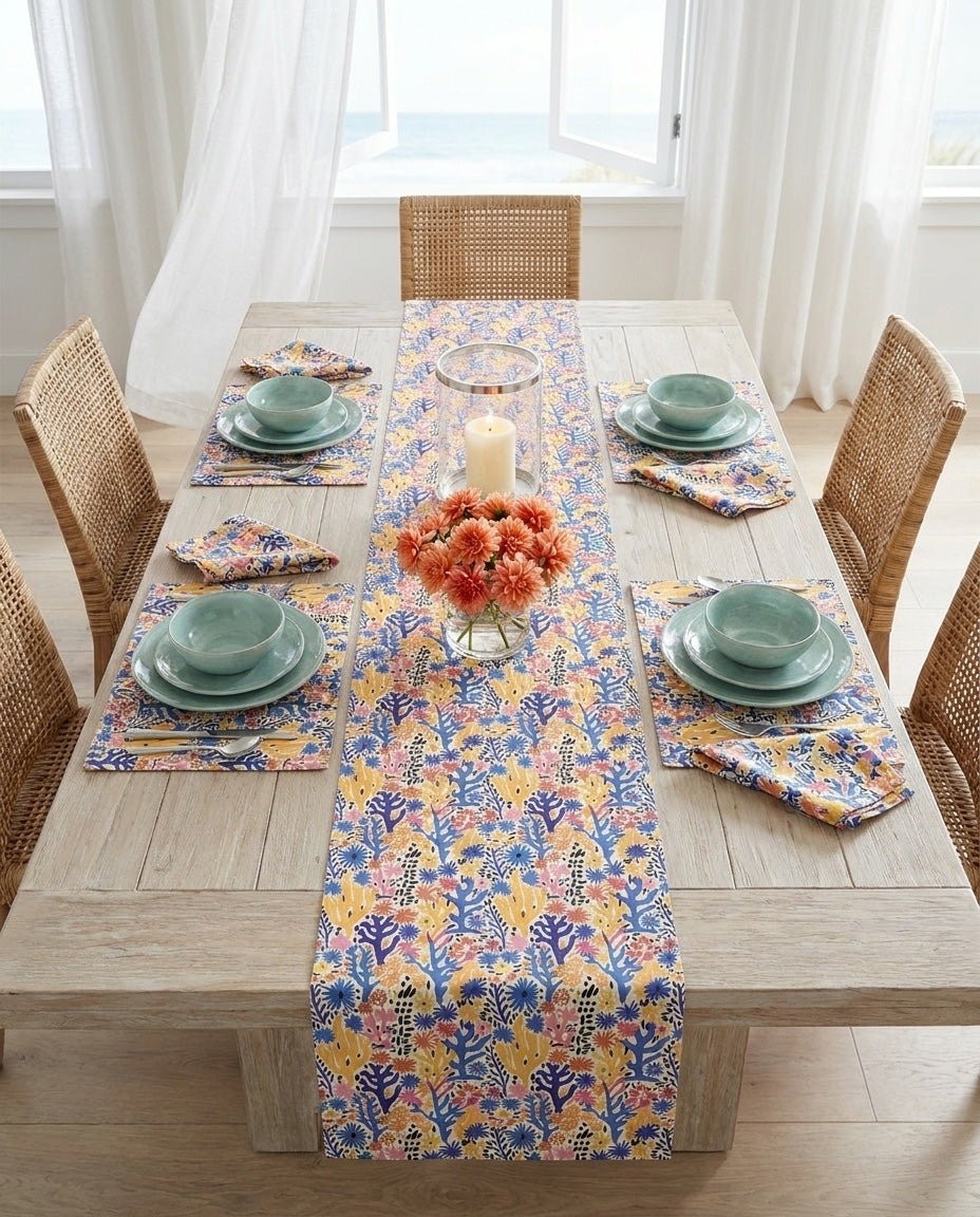 Coral Bloom Harmony napkins styled with the matching placemats and table runner