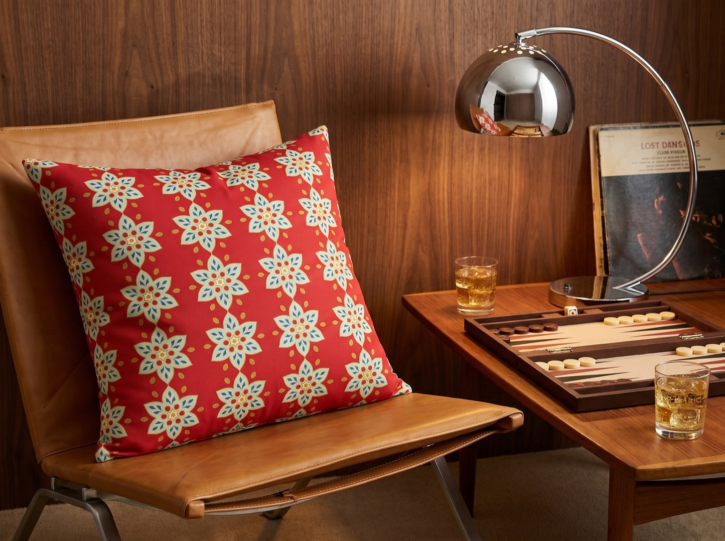 Cranberry Blossom Arabesque square throw pillow in its unique interior setting