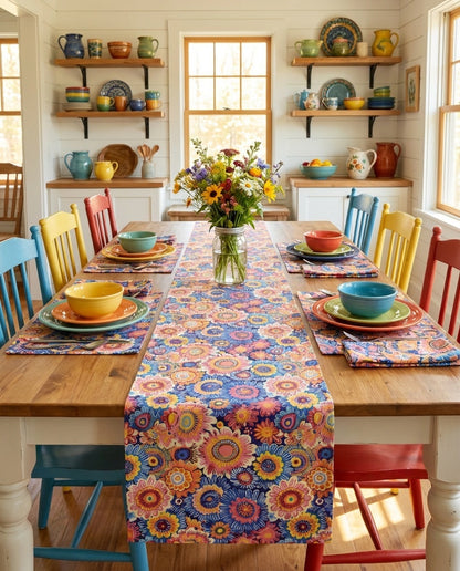 Crayon Blossom Whimsy napkins styled with the matching placemats and table runner