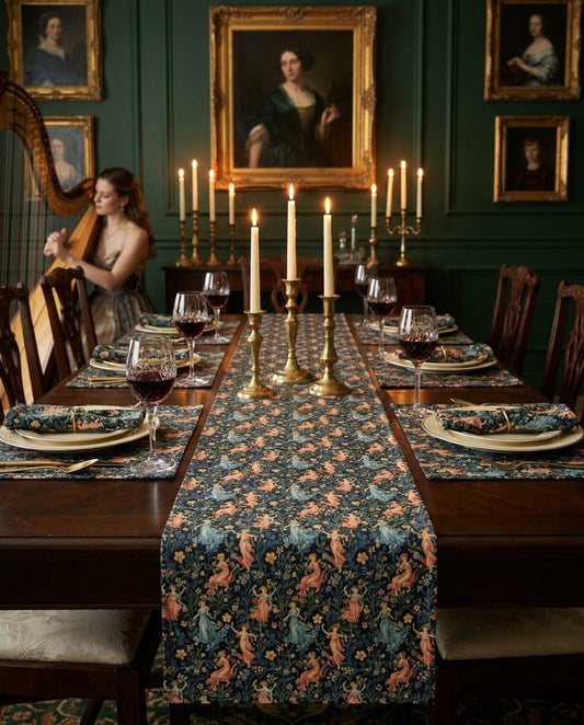 Dance of the Goddesses table runner styled straight-on with matching placemats and napkins