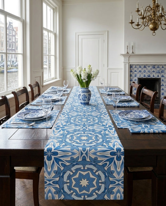 Delft Blue Star Tile table runner styled straight-on with matching placemats and napkins