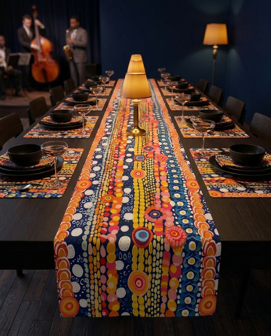 Dotty Delight table runner styled straight-on with matching placemats and napkins