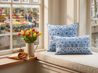 Dutch Blue Tulip square throw pillow in its unique interior setting