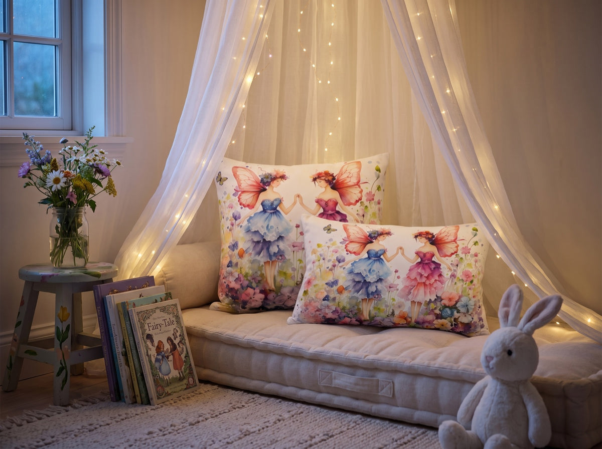 Enchanted Fairy Meadow square throw pillow in its unique interior setting