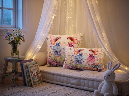 Enchanted Fairy Meadow square throw pillow in its unique interior setting