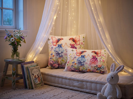 Enchanted Fairy Meadow square throw pillow in its unique interior setting
