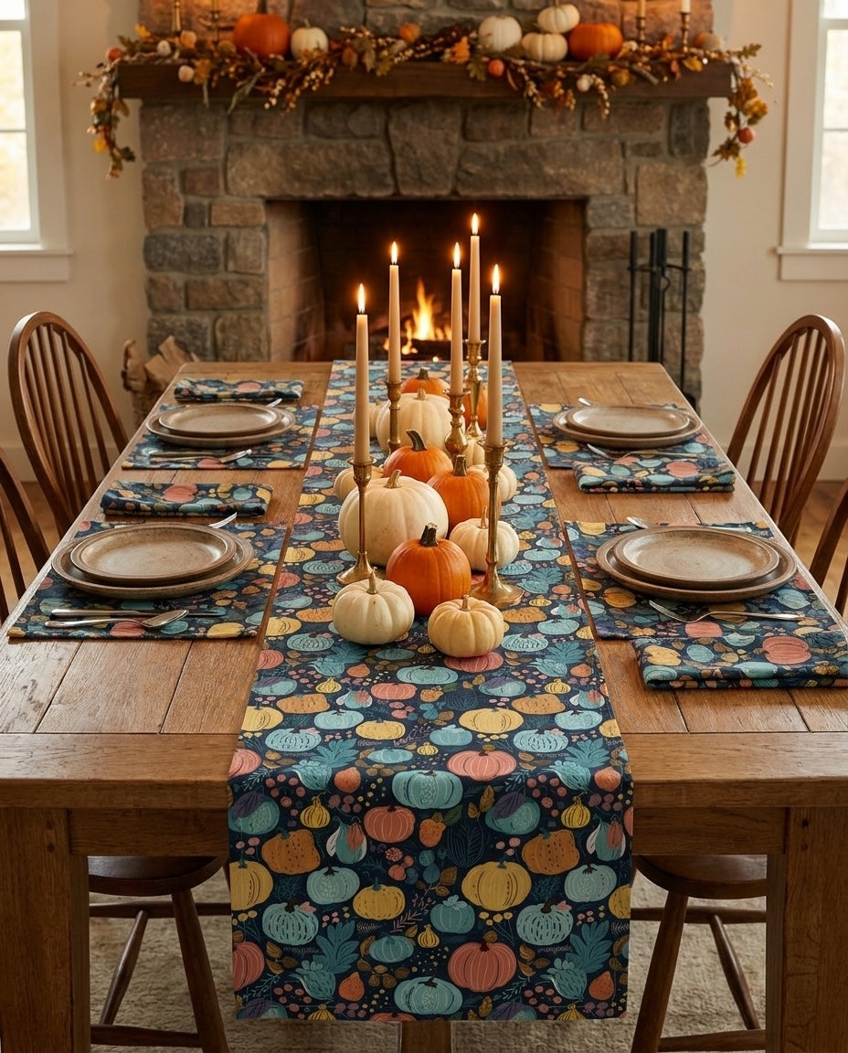 Fall Pumpkin Dance napkins styled with the matching placemats and table runner