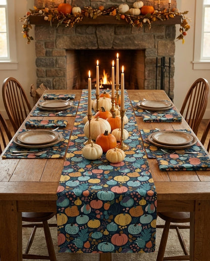 Fall Pumpkin Dance napkins styled with the matching placemats and table runner