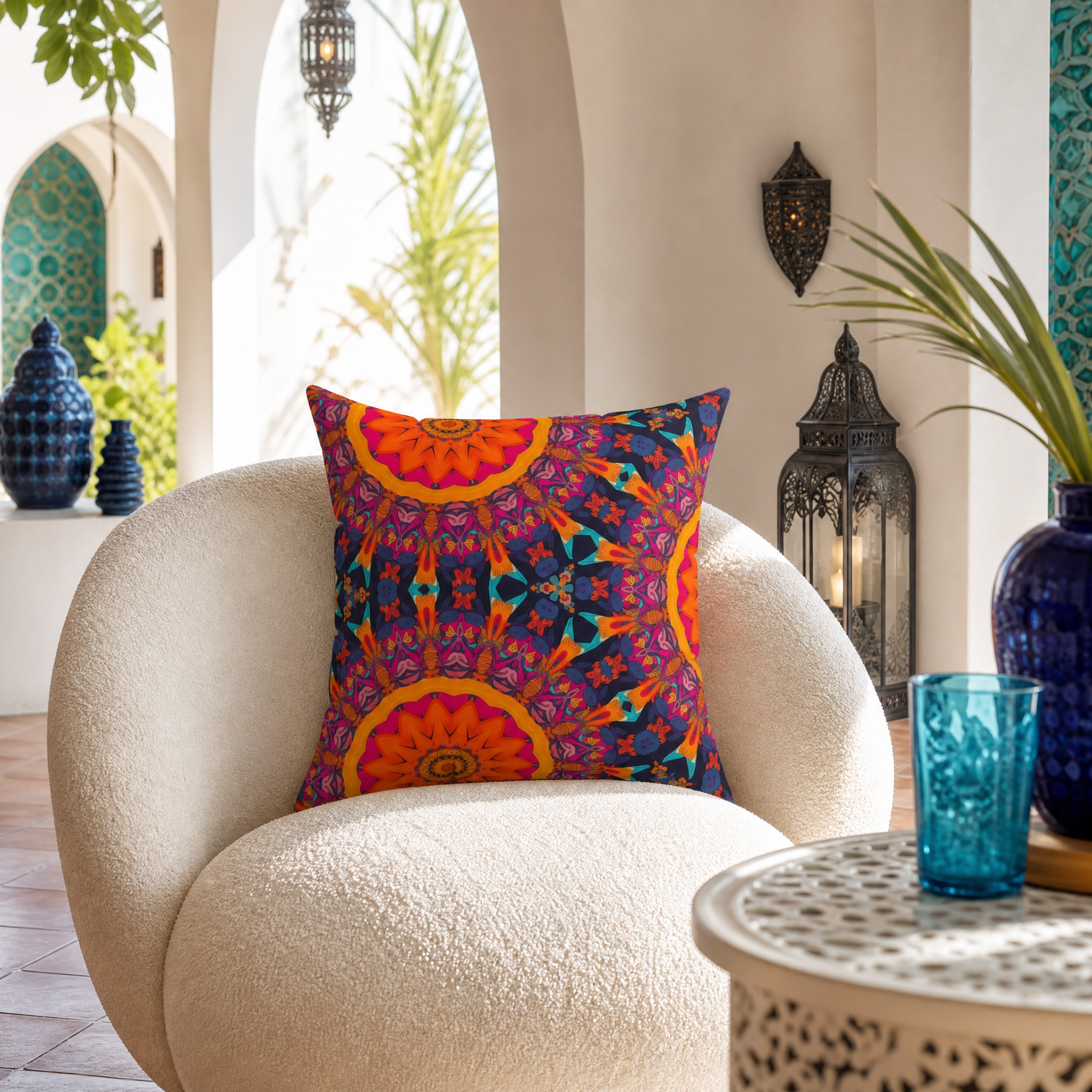 Fiery Mosaic Magic square throw pillow on a cream chair in a colorful Moroccan-modern sunroom