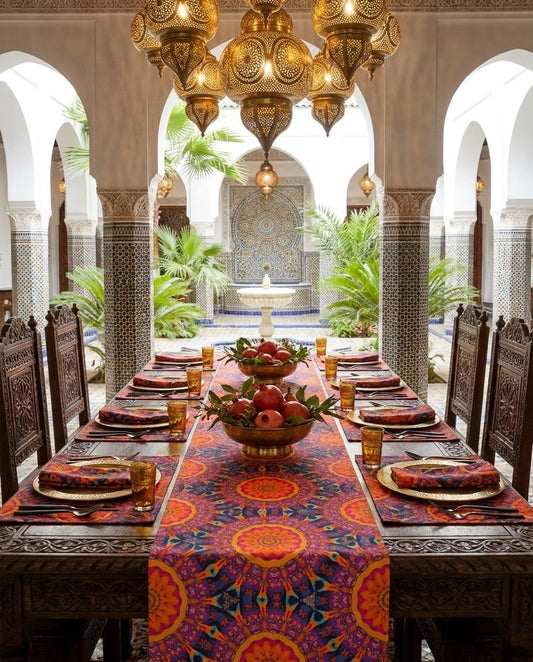 Fiery Mosaic Magic table runner styled straight-on with matching placemats and napkins