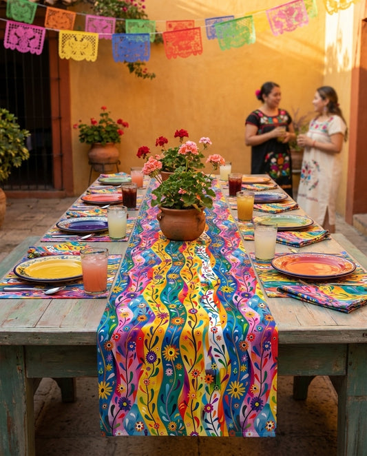 Floral Rhythms table runner styled straight-on with matching placemats and napkins