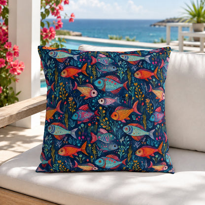 Fun Fish Square Outdoor Pillow on an elegant sunlit coastal veranda