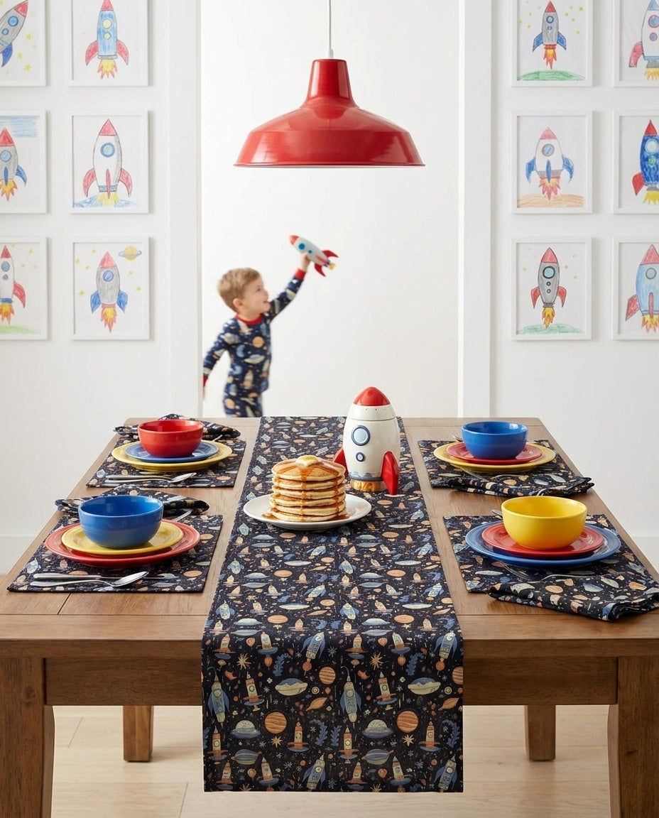 Galactic Space Rocket Romp napkins styled with the matching placemats and table runner