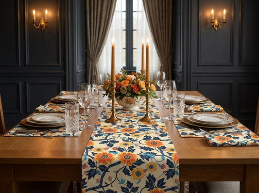 Golden Vine Tapestry table runner styled straight-on with matching placemats and napkins