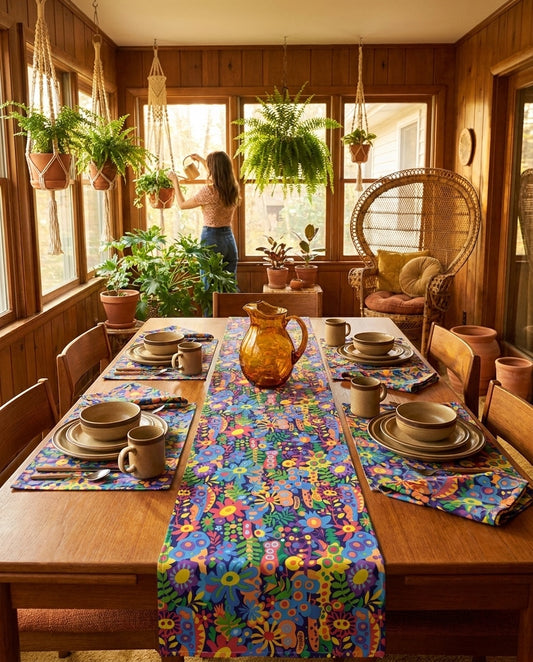 Groovy Garden table runner styled straight-on with matching placemats and napkins