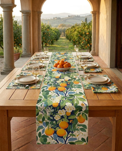 Happy Oranges & Blossoms table runner styled straight-on with matching placemats and napkins