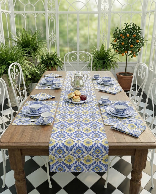 Heritage Bloom table runner styled straight-on with matching placemats and napkins