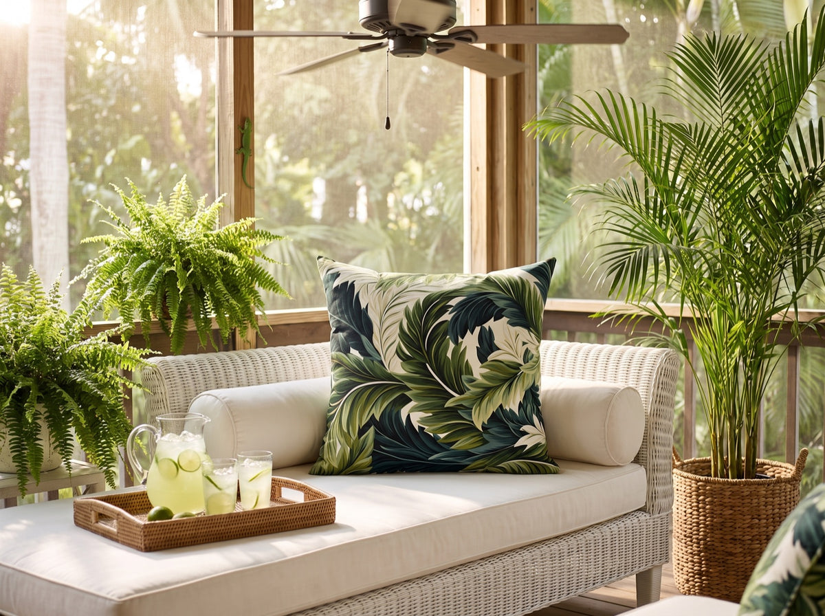 Island Green Ferns square throw pillow in its unique interior setting