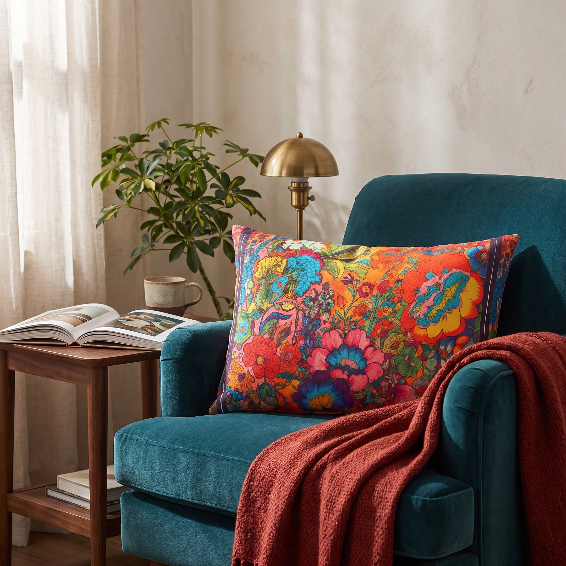Kaleidoscopic Floral Dance lumbar pillow on a teal armchair in a warm living room
