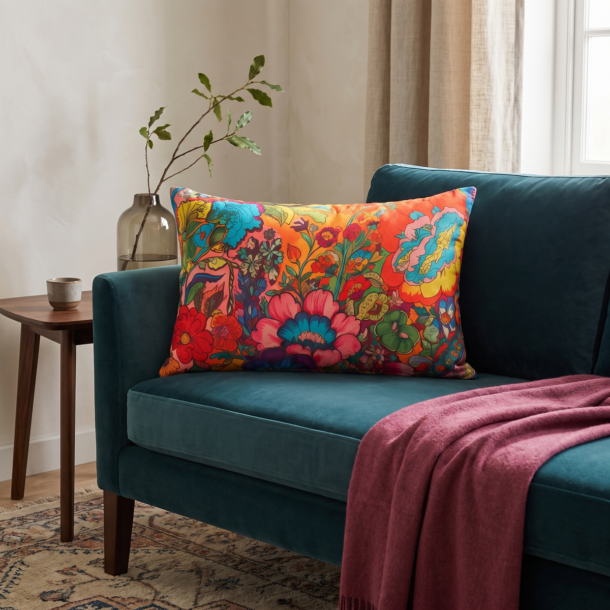Kaleidoscopic Floral Dance lumbar pillow on a teal settee in a warm living room