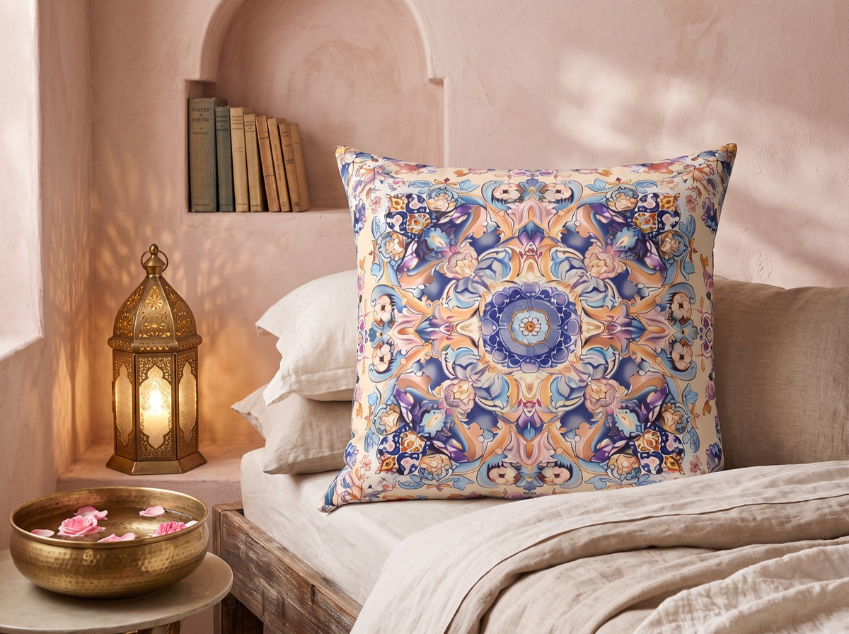 Lilac Moorish Dream square throw pillow in its unique interior setting