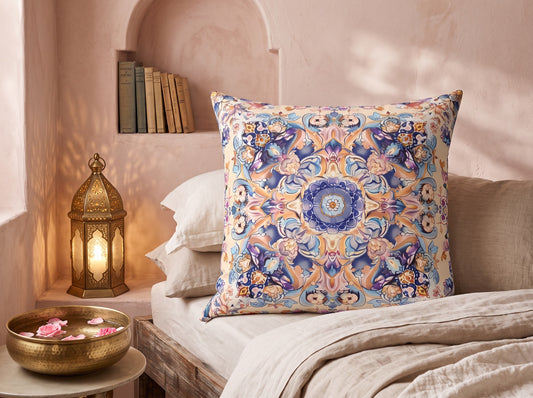 Lilac Moorish Dream square throw pillow in its unique interior setting