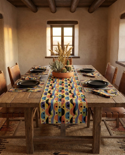 Linear Color Mesa table runner styled straight-on with matching placemats and napkins