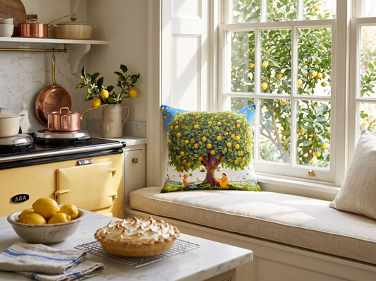 Lovely Lemon Tree square throw pillow in its unique interior setting