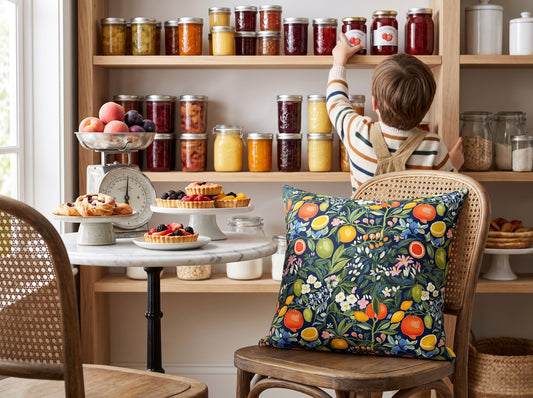 Magical Fruitiness square throw pillow in its unique interior setting