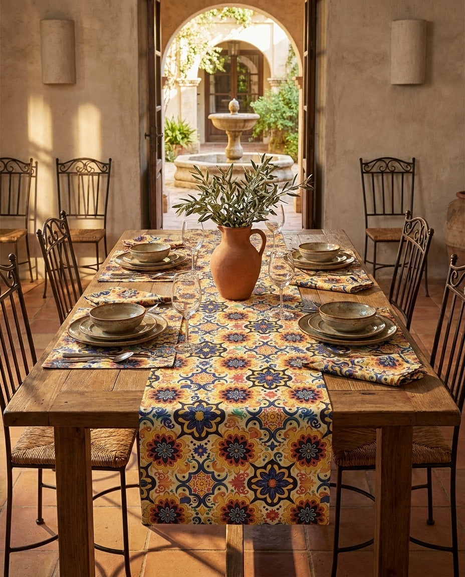 Majorcan Mosaic Splendor napkins styled with the matching placemats and table runner