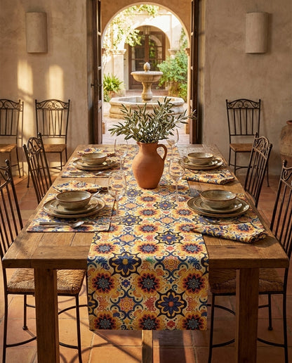 Majorcan Mosaic Splendor napkins styled with the matching placemats and table runner