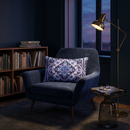 Midnight Mosaic Lumbar Pillow in a dramatic ink-blue library at dusk