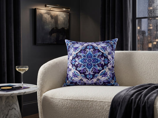 Midnight Mosaic square throw pillow in its unique interior setting