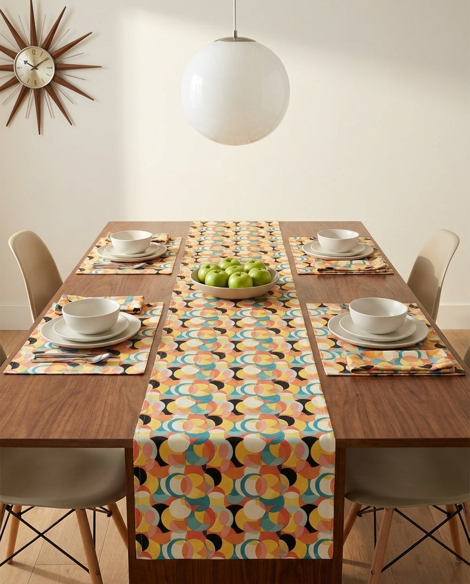 Mod Circle Medley napkins styled with the matching placemats and table runner