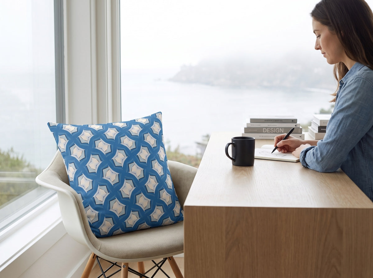 Modern Blue Geometric Tile square throw pillow in its unique interior setting