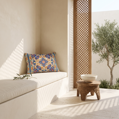 Moorish Elegance Lumbar Pillow in a sunlit Mediterranean courtyard sitting room