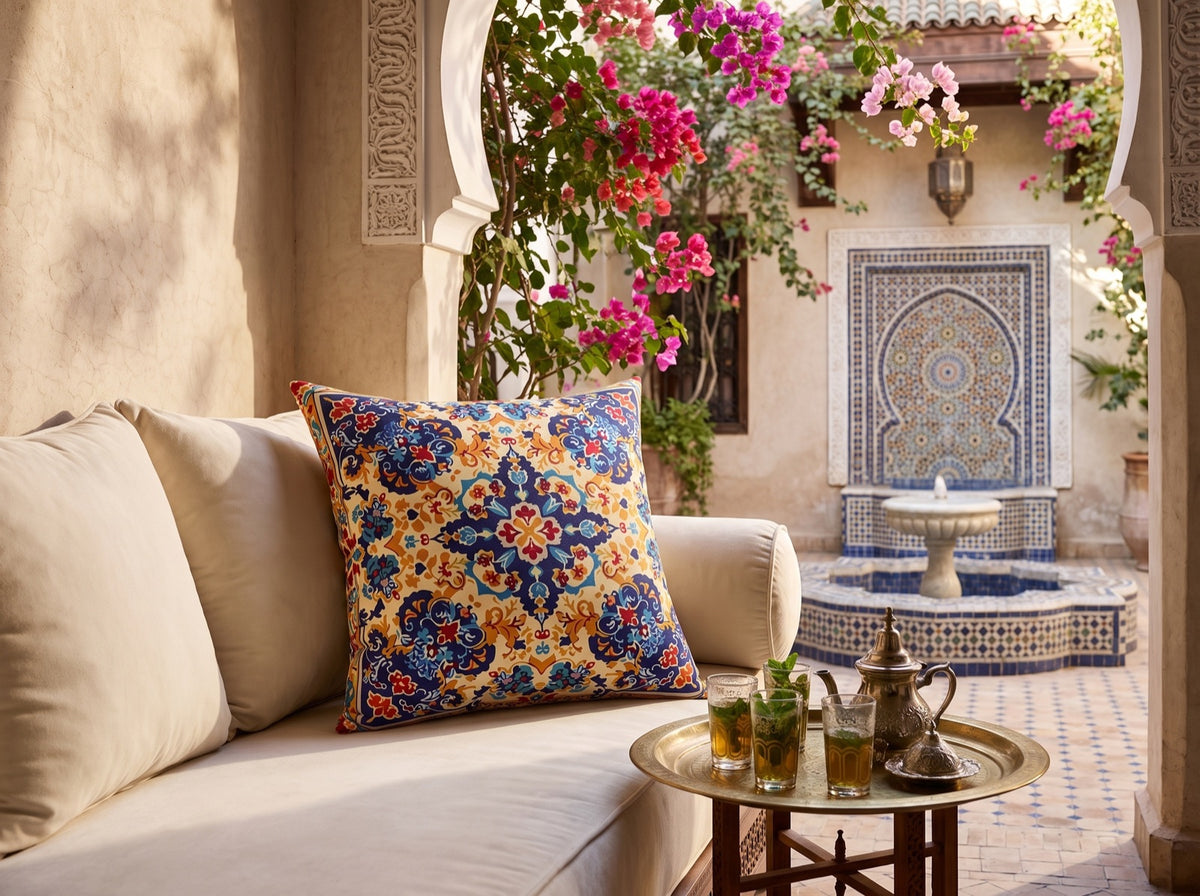 Moorish Elegance square throw pillow in its unique interior setting