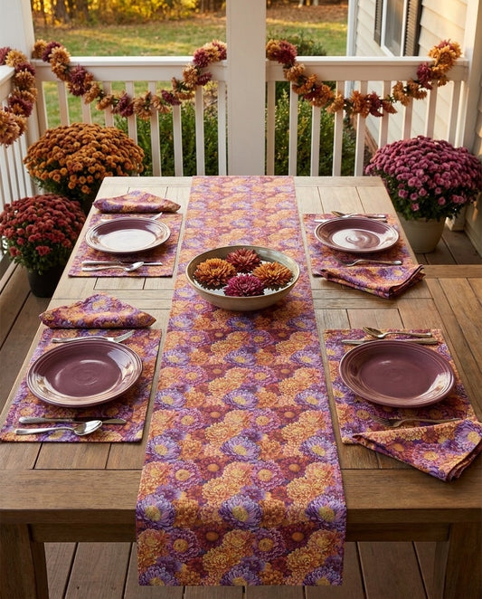 Mum's the Word table runner styled straight-on with matching placemats and napkins