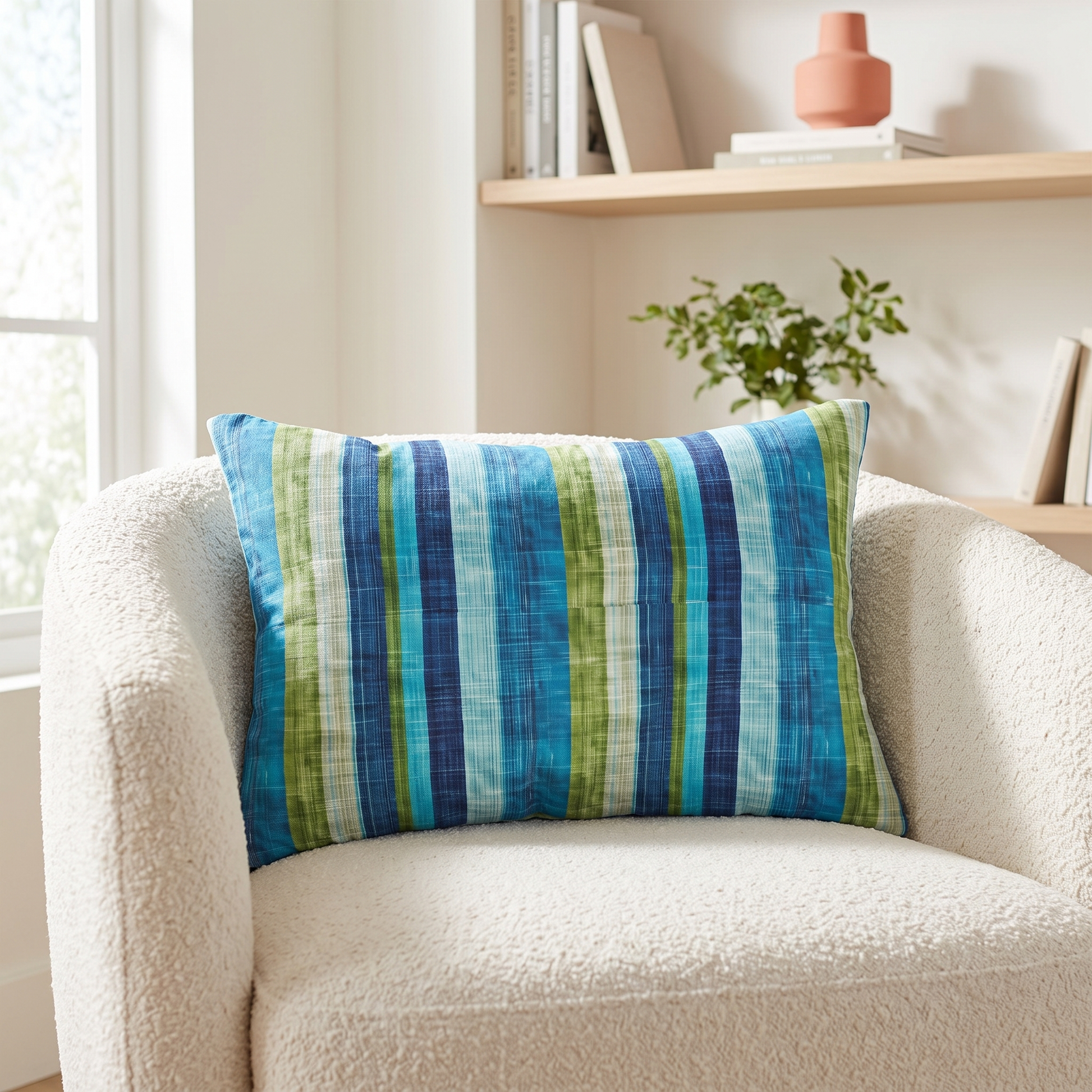 Ocean Whisper Stripes lumbar pillow in navy, turquoise, sea green, pale aqua, and white on an ivory reading chair