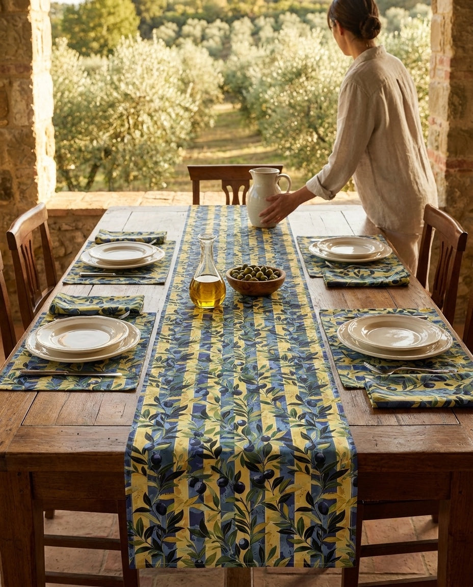 Olive Orchard Stripes napkins styled with the matching placemats and table runner