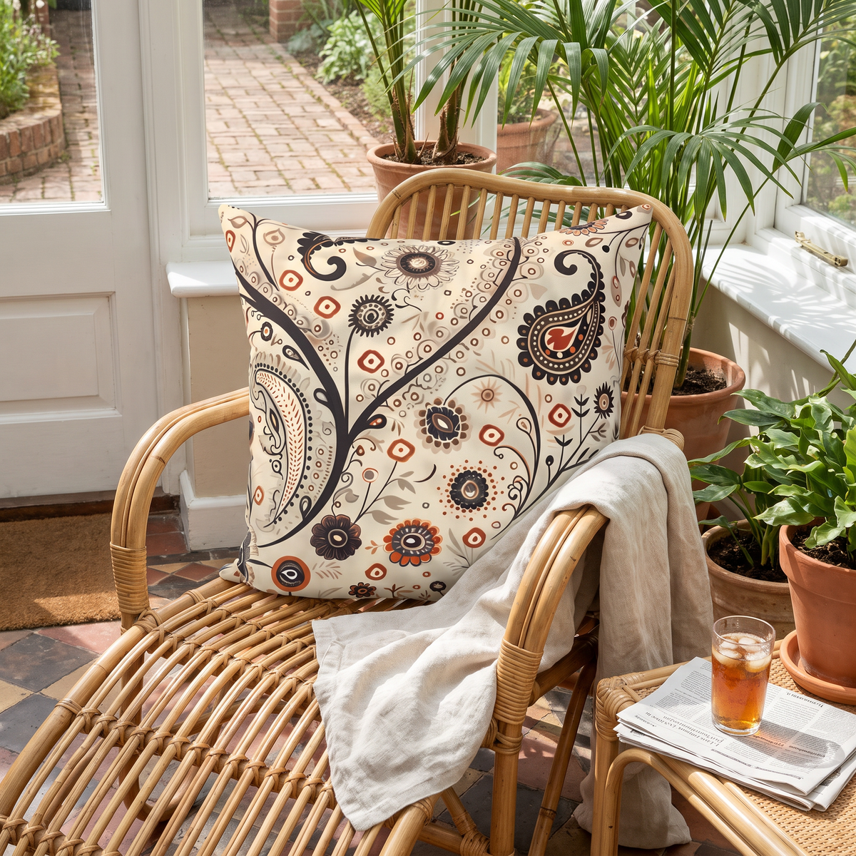 Paisley Breeze Square Throw Pillow in an airy rattan conservatory