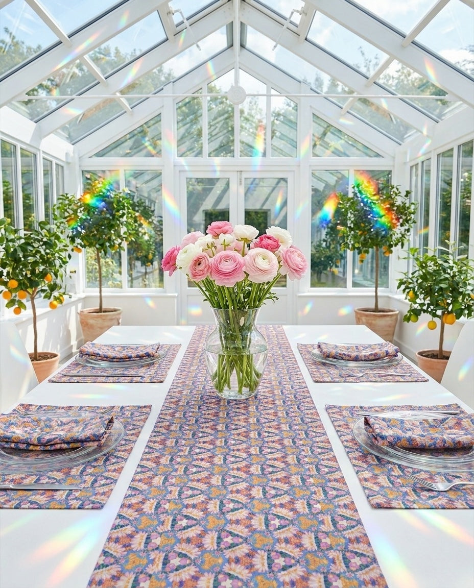 Prismatic Petal Paradise napkins styled with the matching placemats and table runner