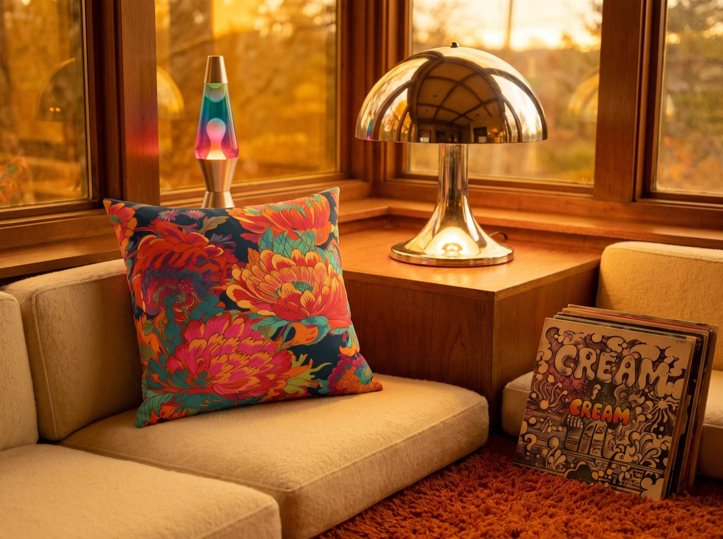 Psychedelic Flower Power square throw pillow in its unique interior setting