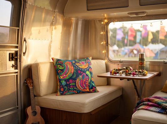 Psychedelic Paisley Party square throw pillow in its unique interior setting