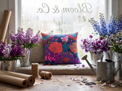 Purple Flower Parade square throw pillow in its unique interior setting