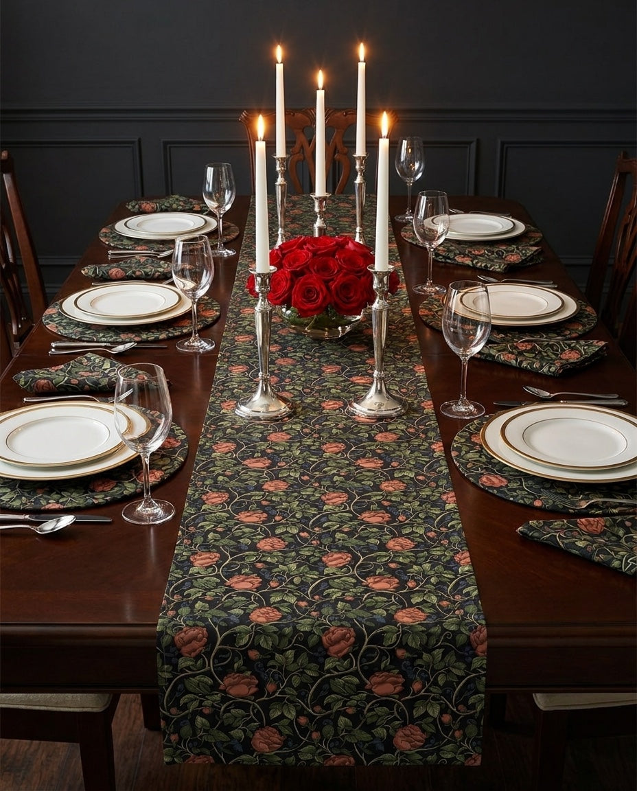 Red Red Rose table runner styled straight-on with matching placemats and napkins